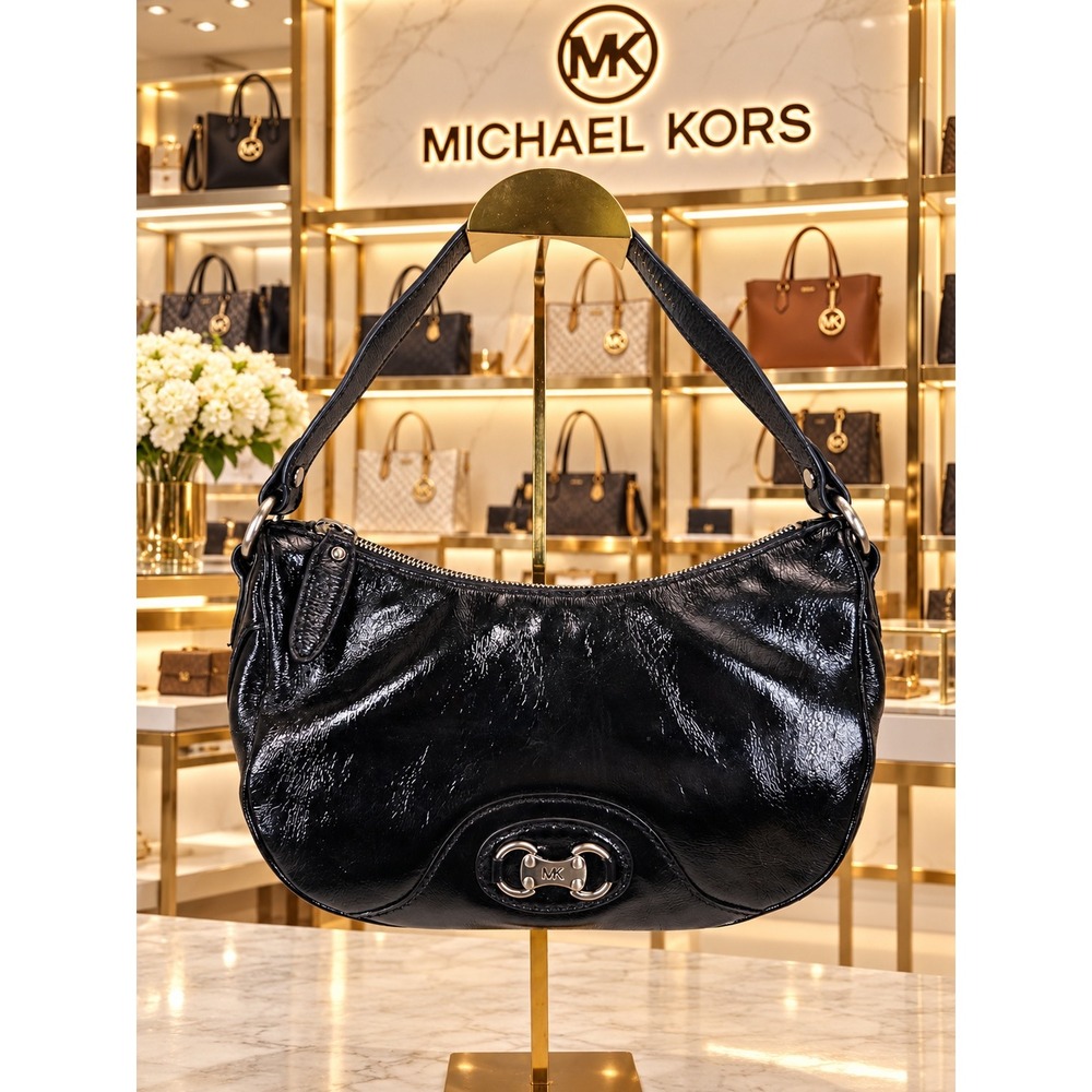 Michael Kors Black Patent Leather Hobo Shoulder Bag Silver MK Logo Hardware
